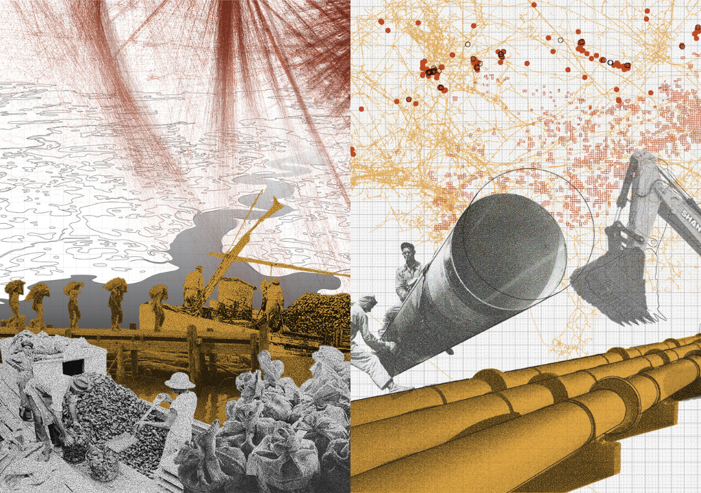 Dyptch of two graphic collages showing archival photos of people engaging in resource extraction industries, overlaid with maps of the Gulf Coast.